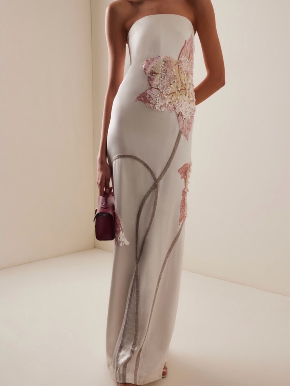 Ivory Maxi Dress with Pink Floral Embroidery
